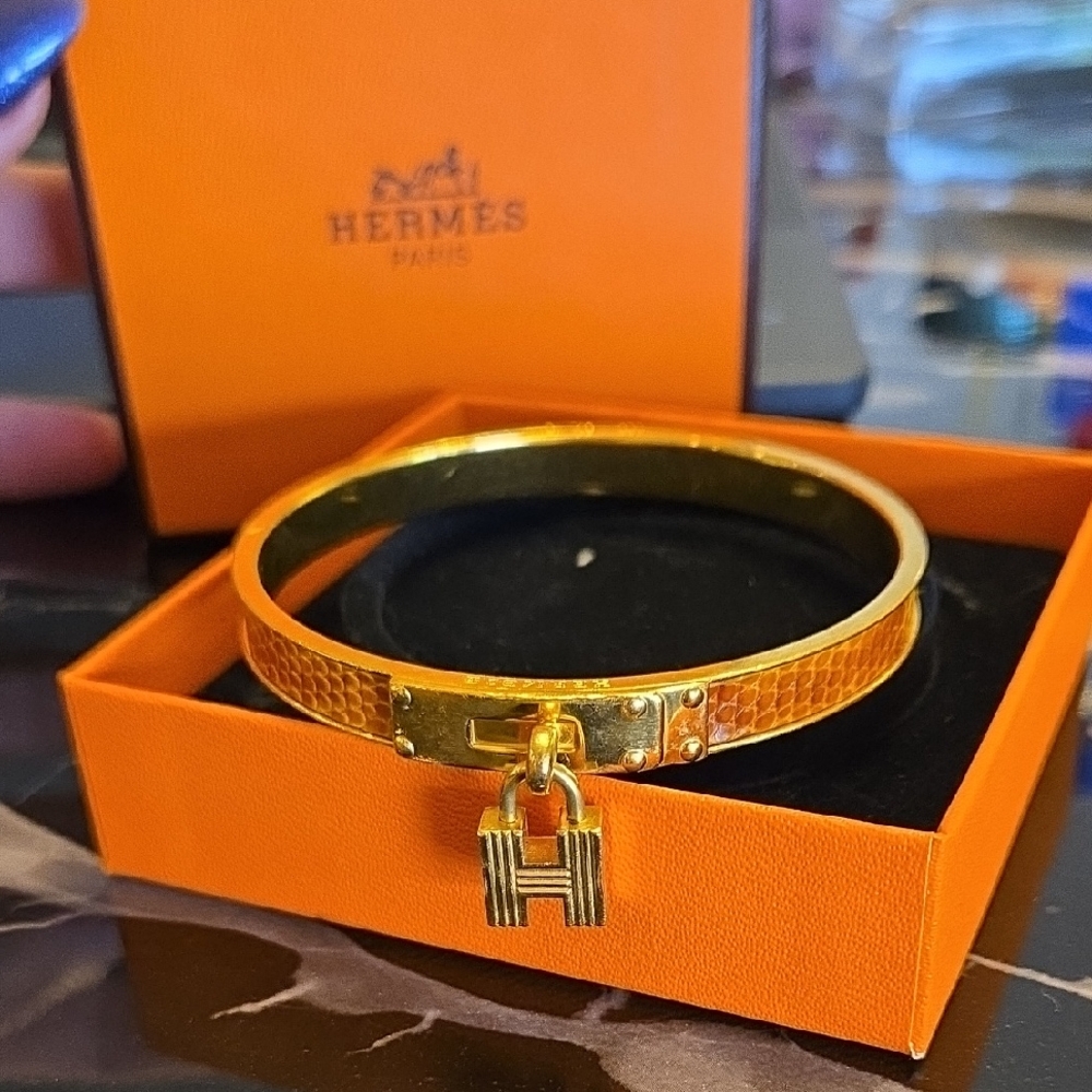 Hermes Gold Lizard Jewelry Bangle with Signature H